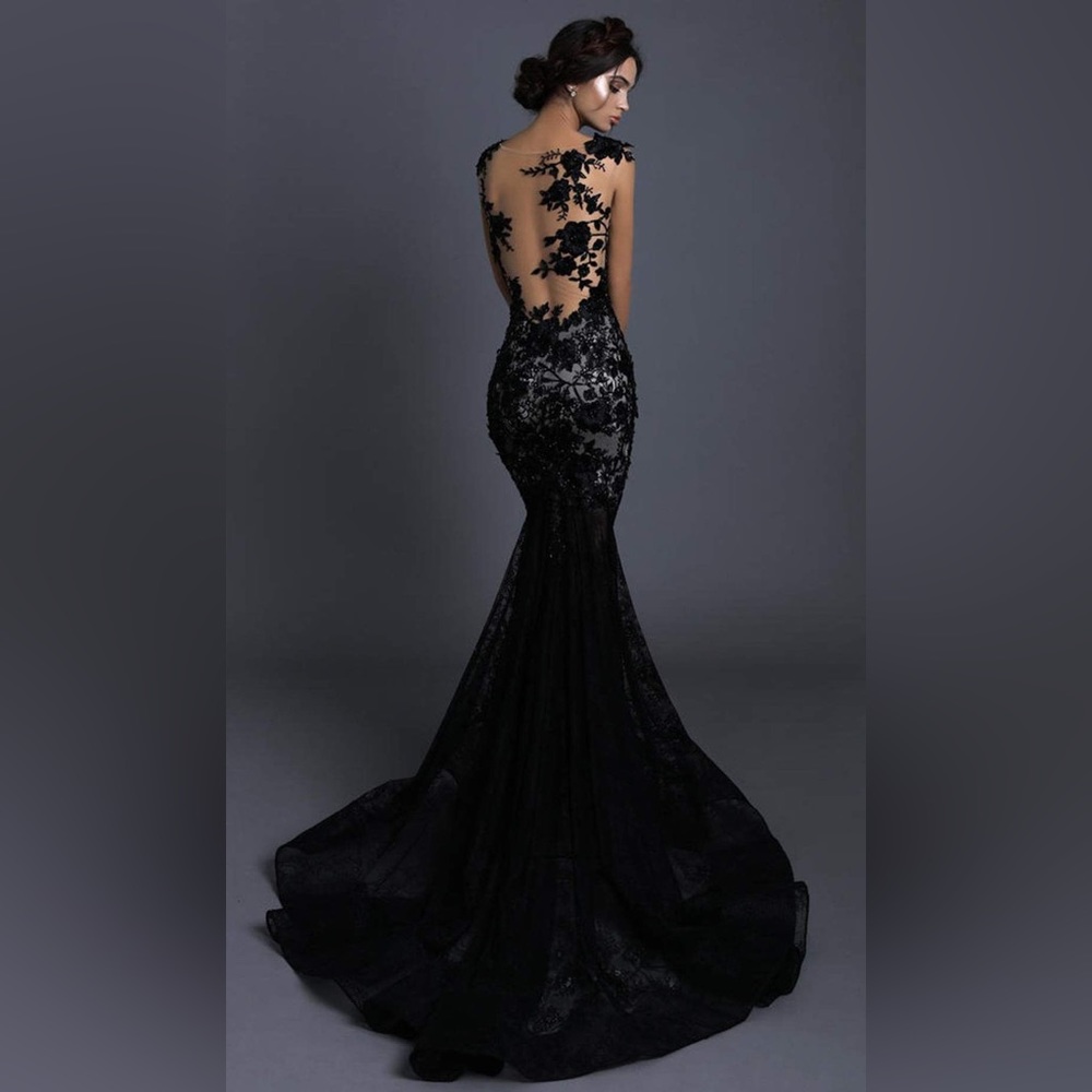 Terik Ediz Black Floral Lace Backless With Mesh And Lace Train